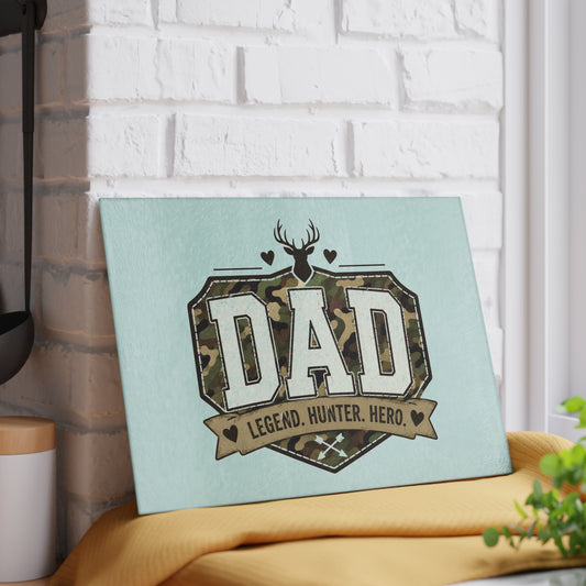 Dad Legend Hunter Hero Glass Cutting Board – Camo Deer Kitchen Gift