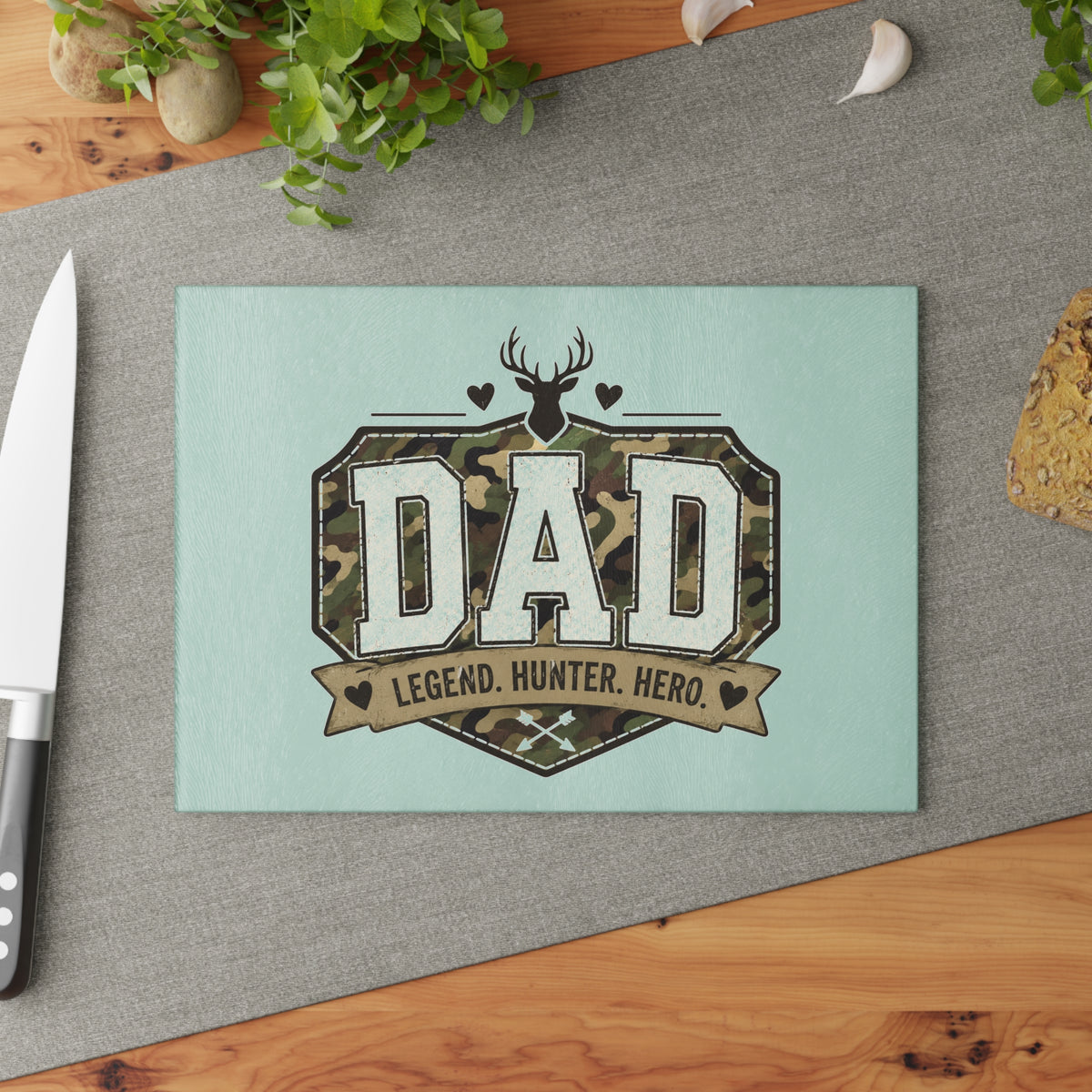 Dad Legend Hunter Hero Glass Cutting Board – Camo Deer Kitchen Gift