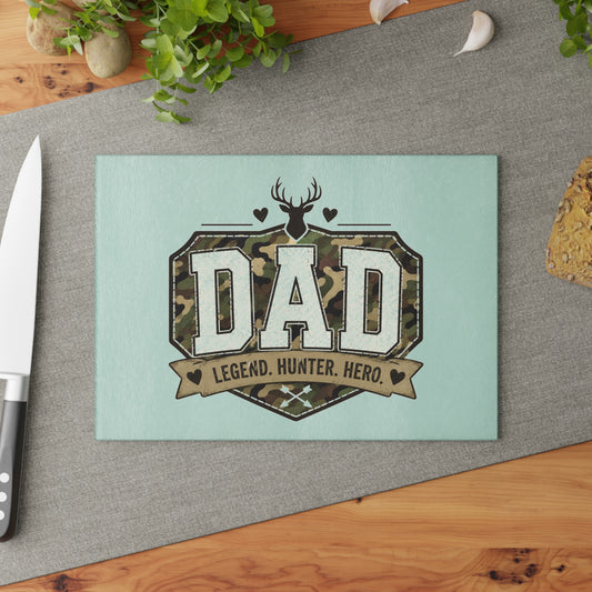 Dad Legend Hunter Hero Glass Cutting Board – Camo Deer Kitchen Gift